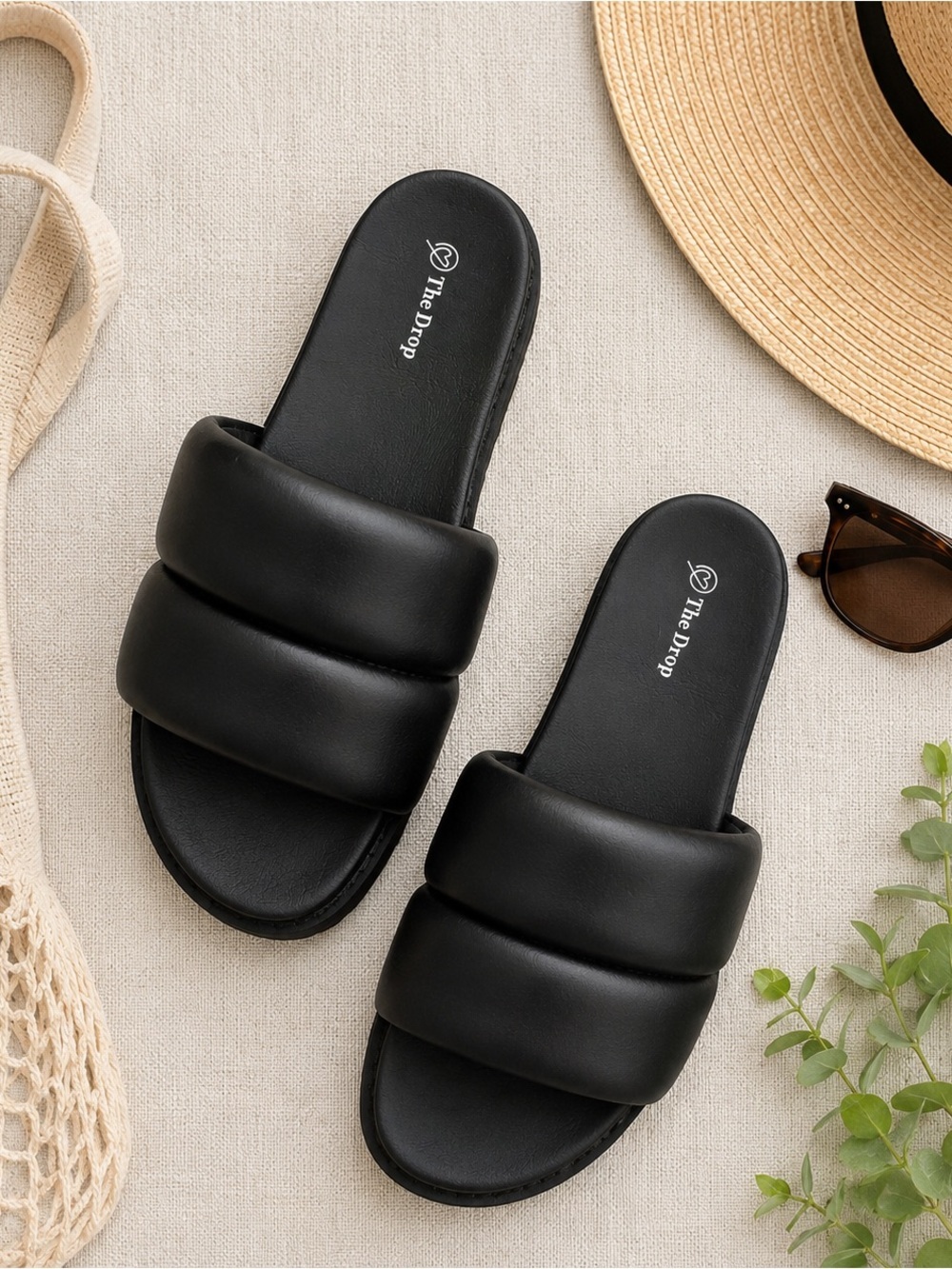 The Drop Black Double Strap Padded Slide Sandals Size 9